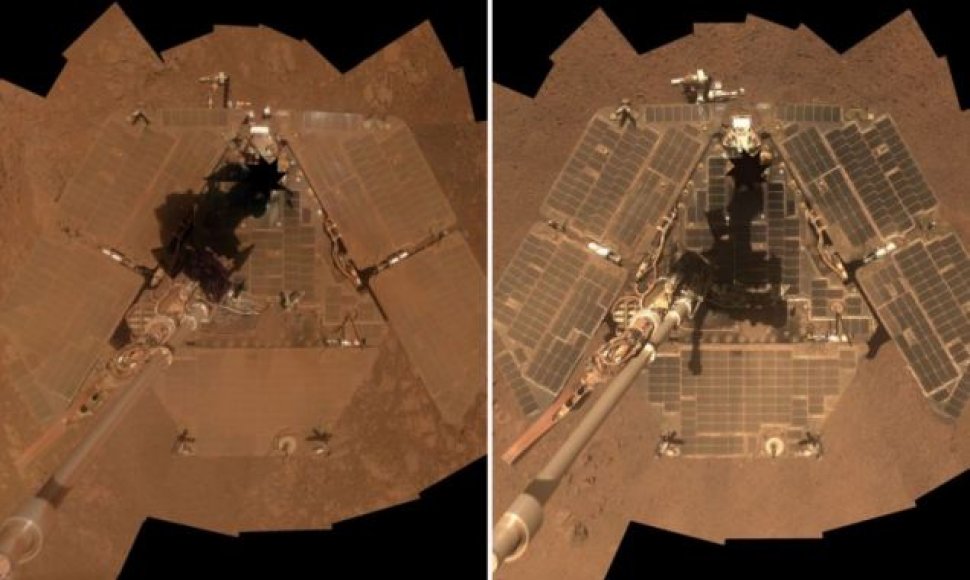 Marsaeigio Opportunity vaizdas šių metų sausį (kairėje) ir kovą (dešinėje)