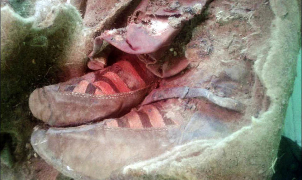 Rastos mumijos kojos, apautos avalyne, kuri stulbinamai panaši į „Adidas“ sniego batus.