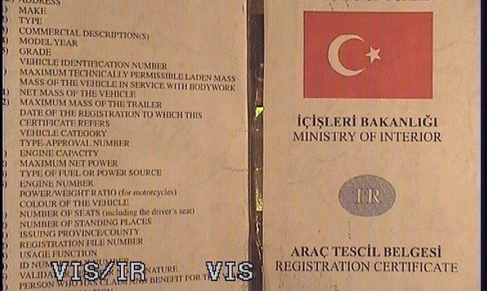 Įtartinas turkiškas transporto priemonės registracijos dokumentas
