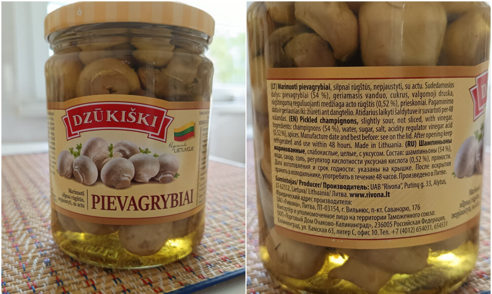 Marinuoti pievagrybiai su informacija rusų kalba 