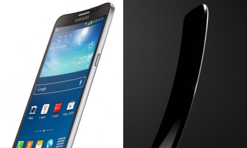 „Samsung“ išmanųjį telefoną „Galaxy Round“ sulenkė skersai (kairėje), „LG“ atsakas – išilgai lenktas „G Flex“