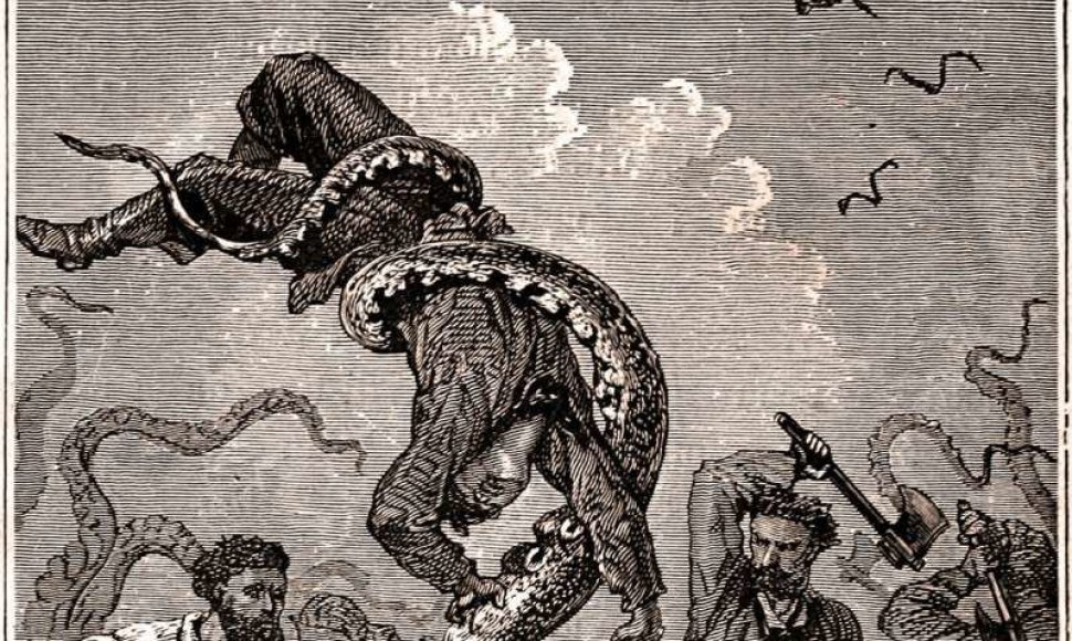 Gigantiškasis kalmaras senia įsitvirtinęs siaubo apsakymų veikėjas. Originaliojoje Jules Verne'o „20 000 lygų po vandeniu“ romano iliustracijoje gigantiškas kalmaras čiumpa bejėgį jūreivį. ©Alphonse de Neuville