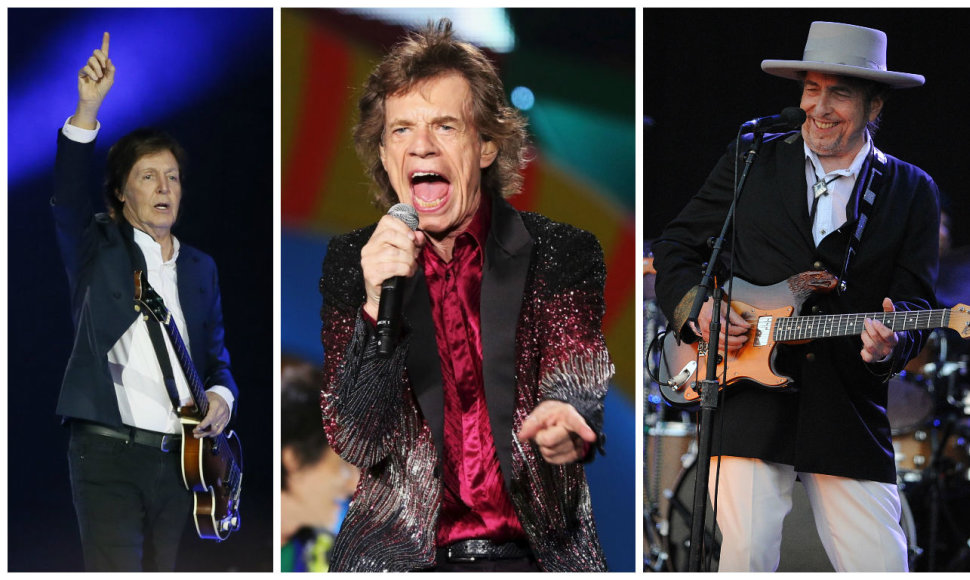 Paulas McCartney, „The Rolling Stones“ lyderis Mickas Jaggeris ir Bobas Dylanas