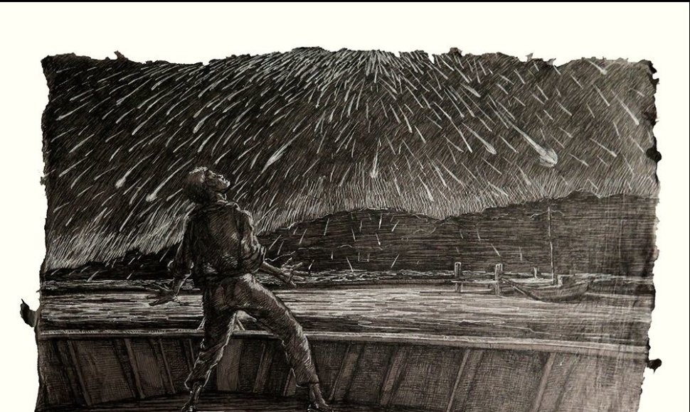 XIXa. pradžios graviūroje – įspūdžio priblokštas meteorų lietaus stebėtojas