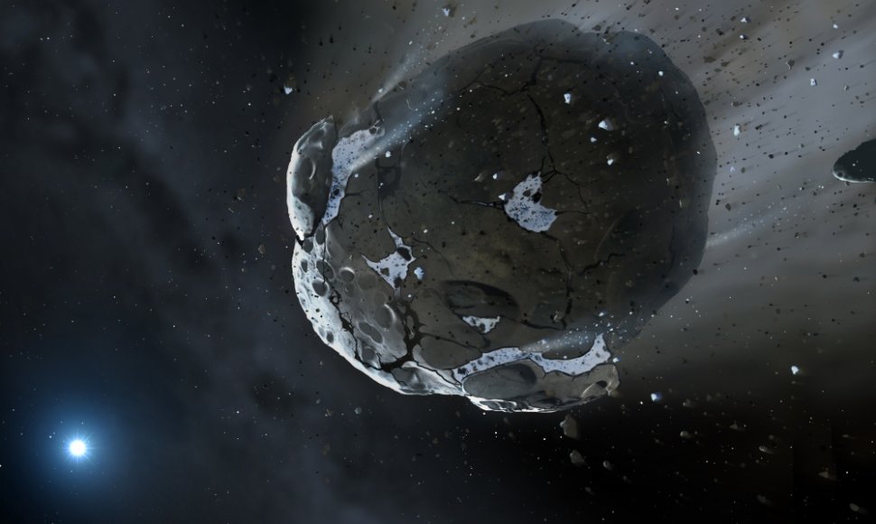 Aplink baltąją nykštukę skriejantis vandeningas asteroidas