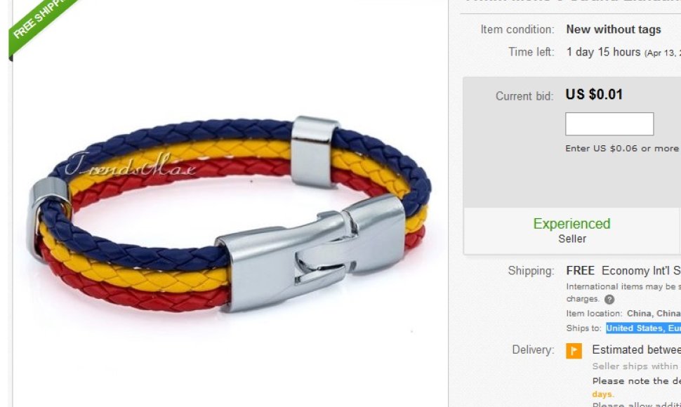 Kinas „eBay“ parduoda „Lietuvos vėliavos spalvų vyrišką apyrankę“.