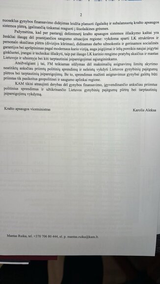 Kra&scaron;to apsaugos viceministro Karolio Aleksos lai&scaron;kas dėl gynybos biudžeto projekto